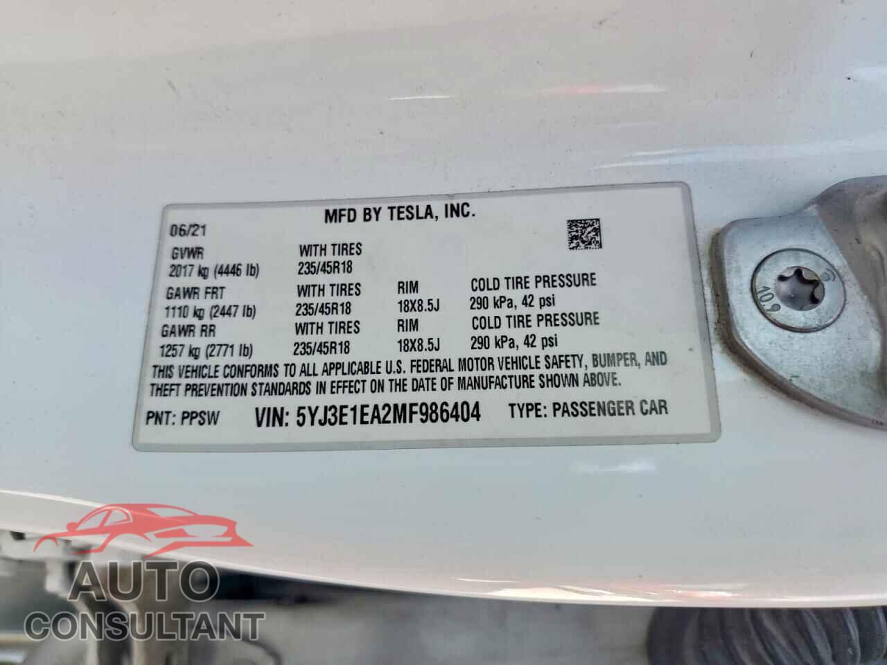 TESLA MODEL 3 2021 - 5YJ3E1EA2MF986404