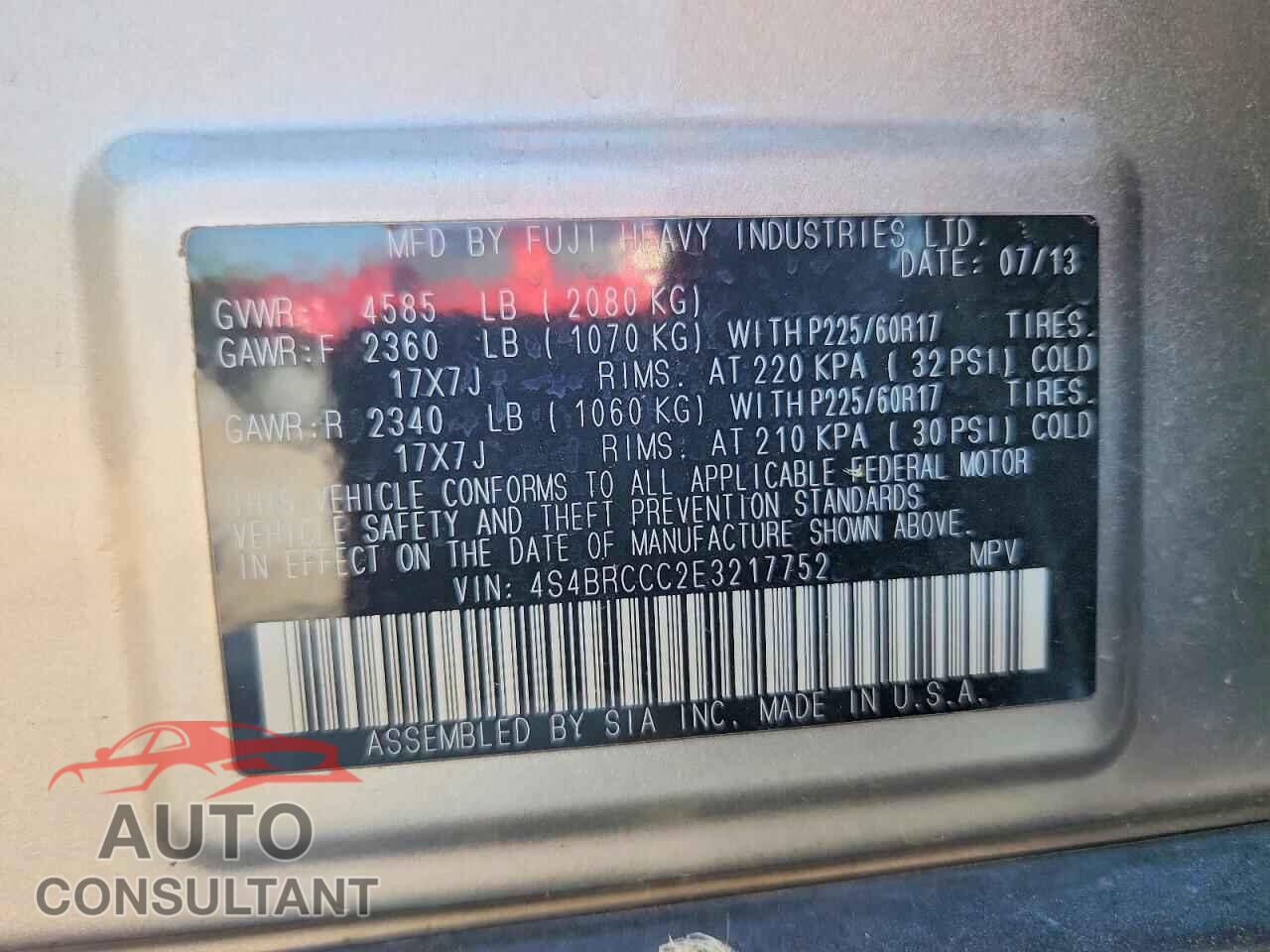 SUBARU OUTBACK 2014 - 4S4BRCCC2E3217752
