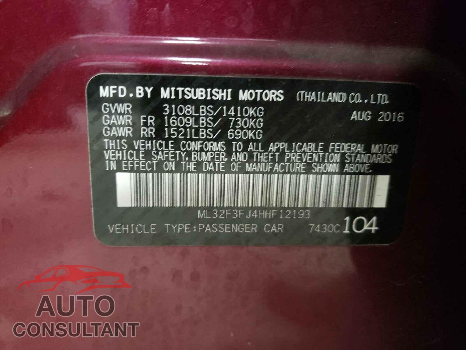 MITSUBISHI MIRAGE 2017 - ML32F3FJ4HHF12193