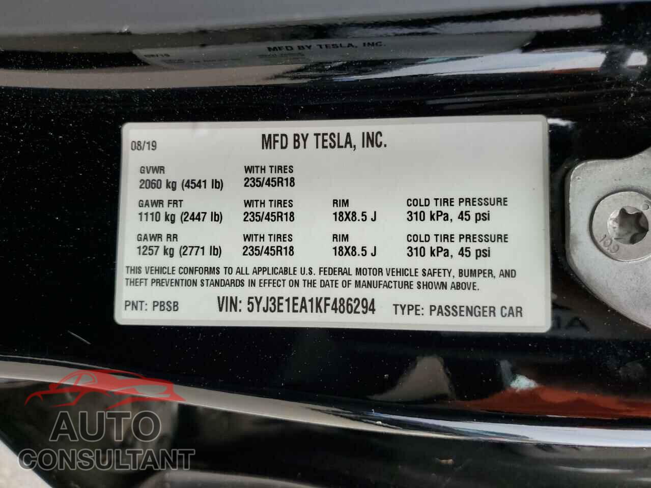 TESLA MODEL 3 2019 - 5YJ3E1EA1KF486294
