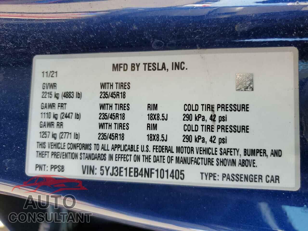 TESLA MODEL 3 2022 - 5YJ3E1EB4NF101405
