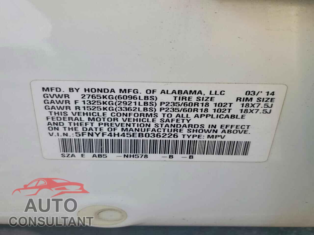 HONDA PILOT 2014 - 5FNYF4H45EB036226