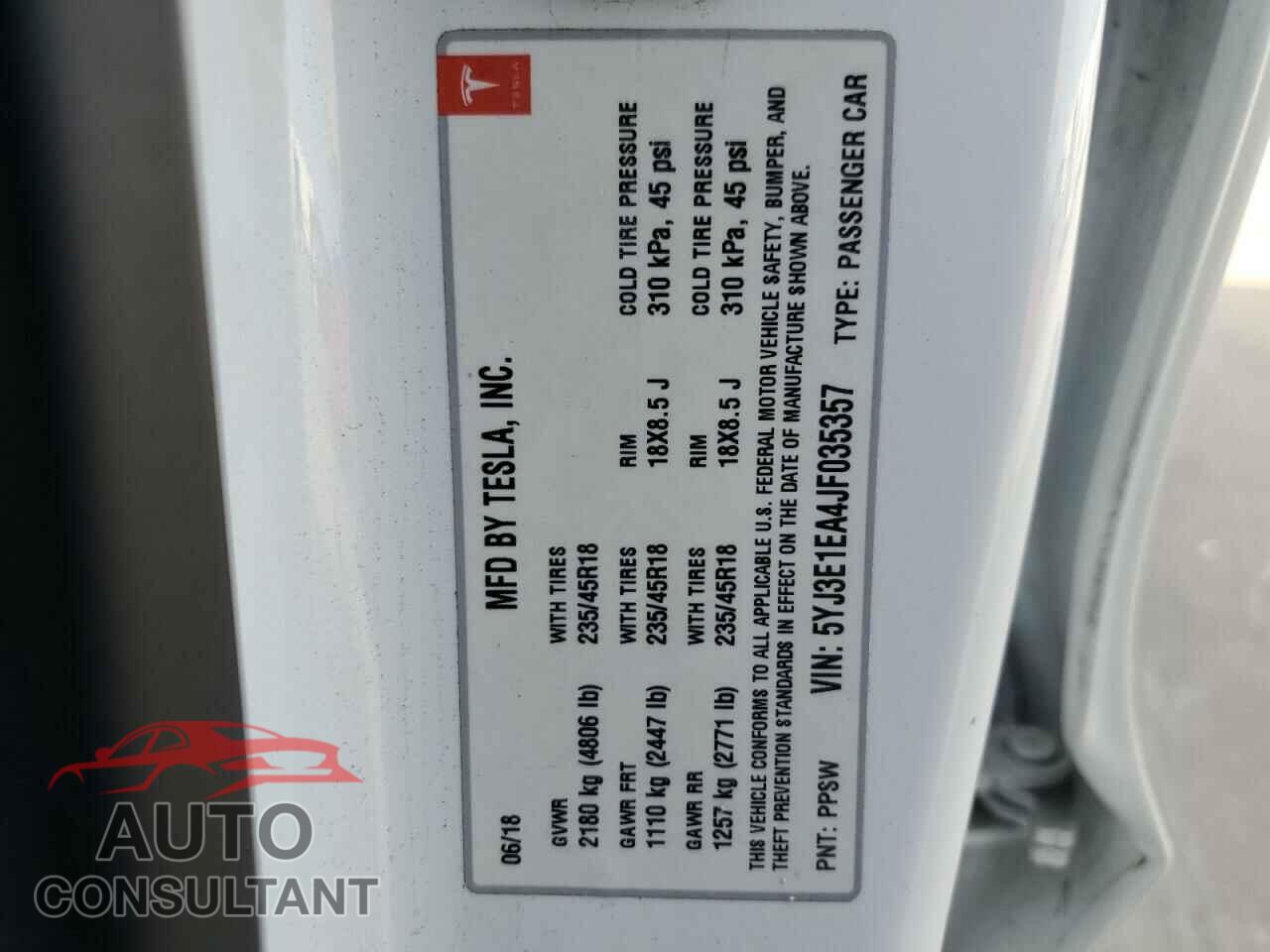 TESLA MODEL 3 2018 - 5YJ3E1EA4JF035357