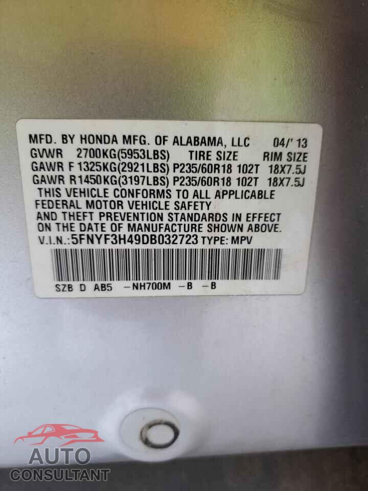 HONDA PILOT 2013 - 5FNYF3H49DB032723
