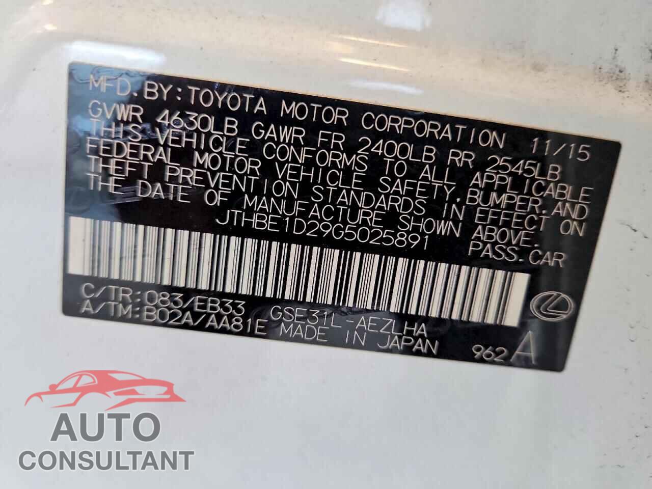 LEXUS IS 2016 - JTHBE1D29G5025891