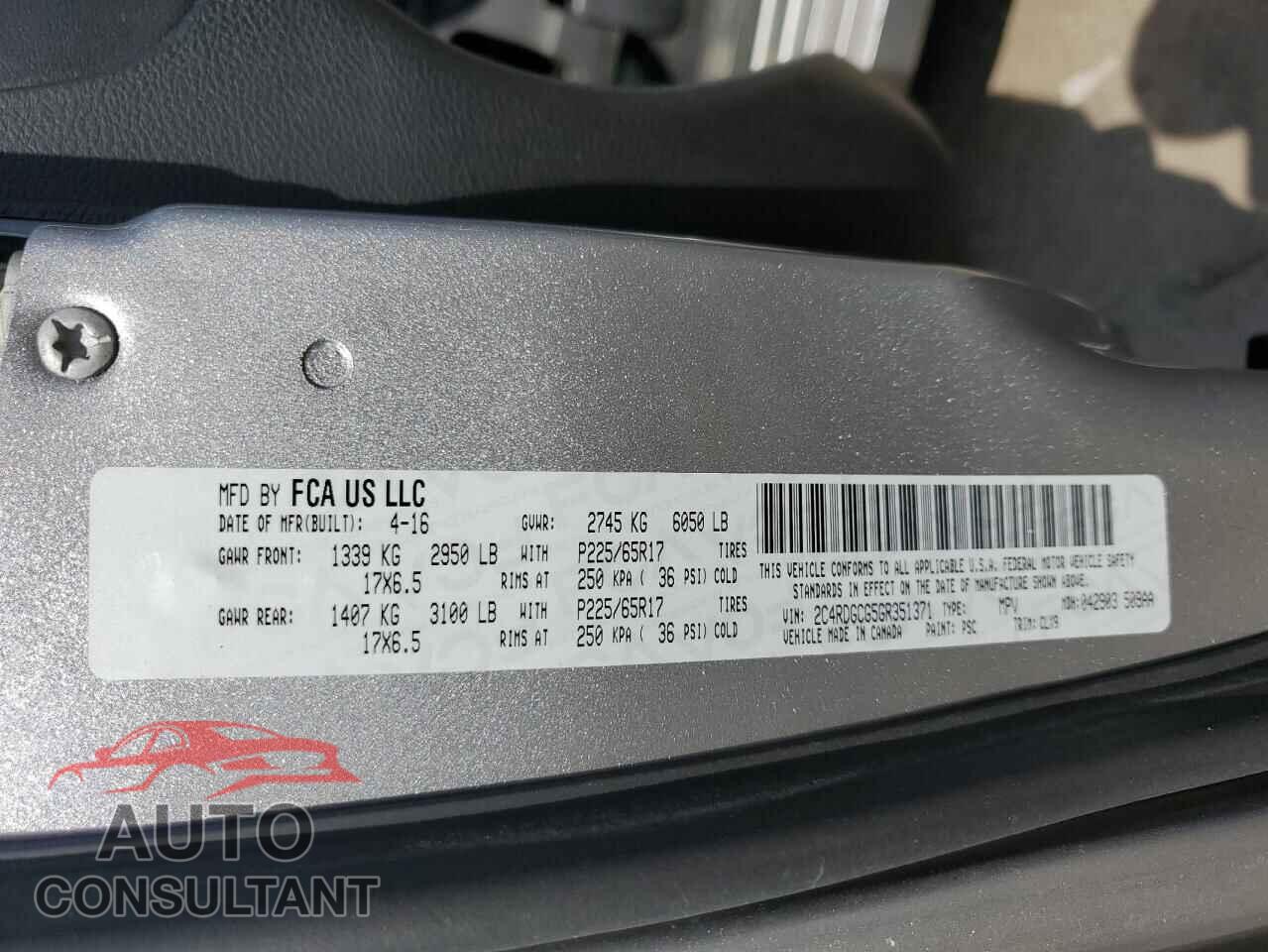 DODGE CARAVAN 2016 - 2C4RDGCG5GR351371