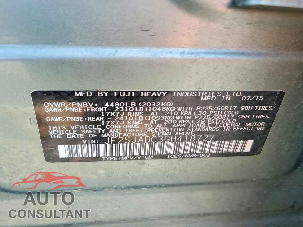 SUBARU FORESTER 2016 - JF2SJADC3GH418727