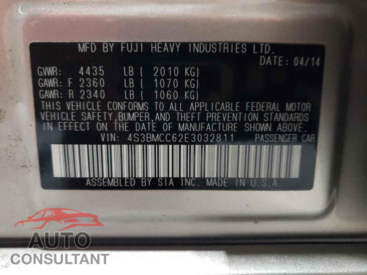 SUBARU LEGACY 2014 - 4S3BMCC62E3032811