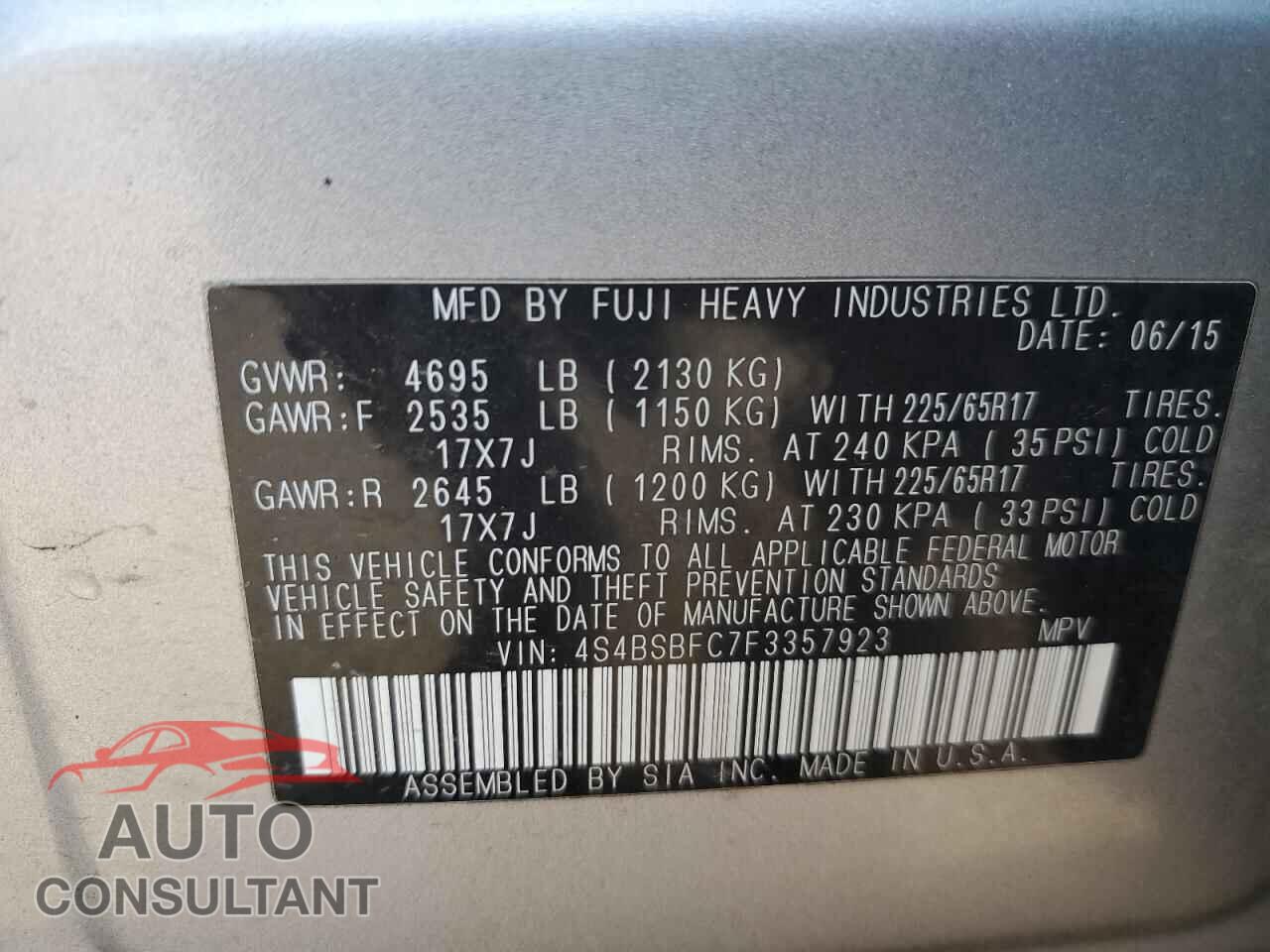 SUBARU OUTBACK 2015 - 4S4BSBFC7F3357923