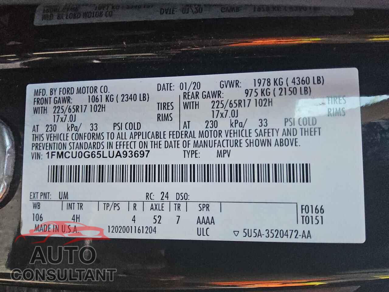 FORD ESCAPE 2020 - 1FMCU0G65LUA93697