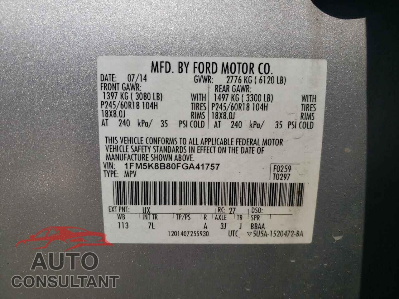 FORD EXPLORER 2015 - 1FM5K8B80FGA41757