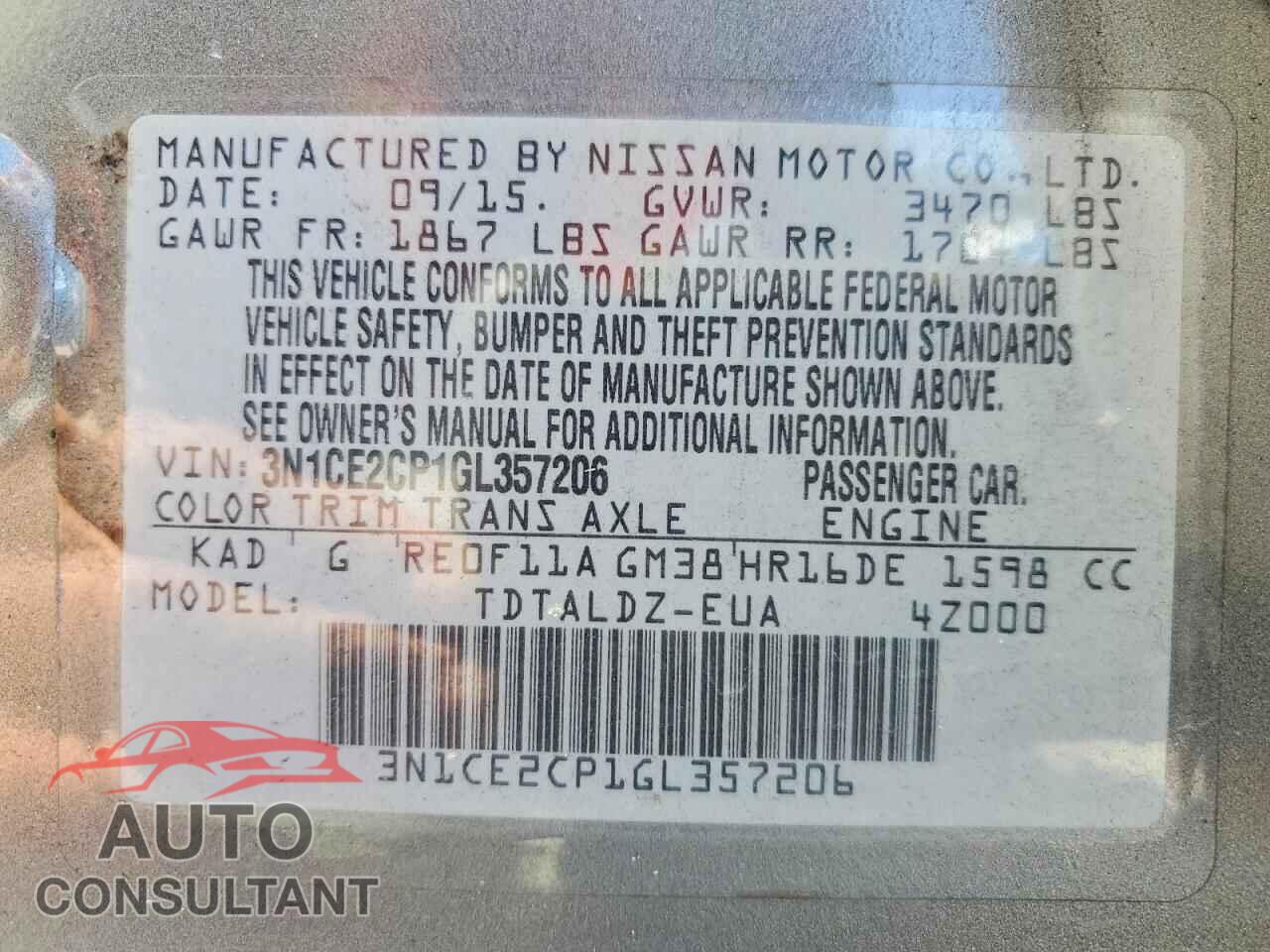 NISSAN VERSA 2016 - 3N1CE2CP1GL357206