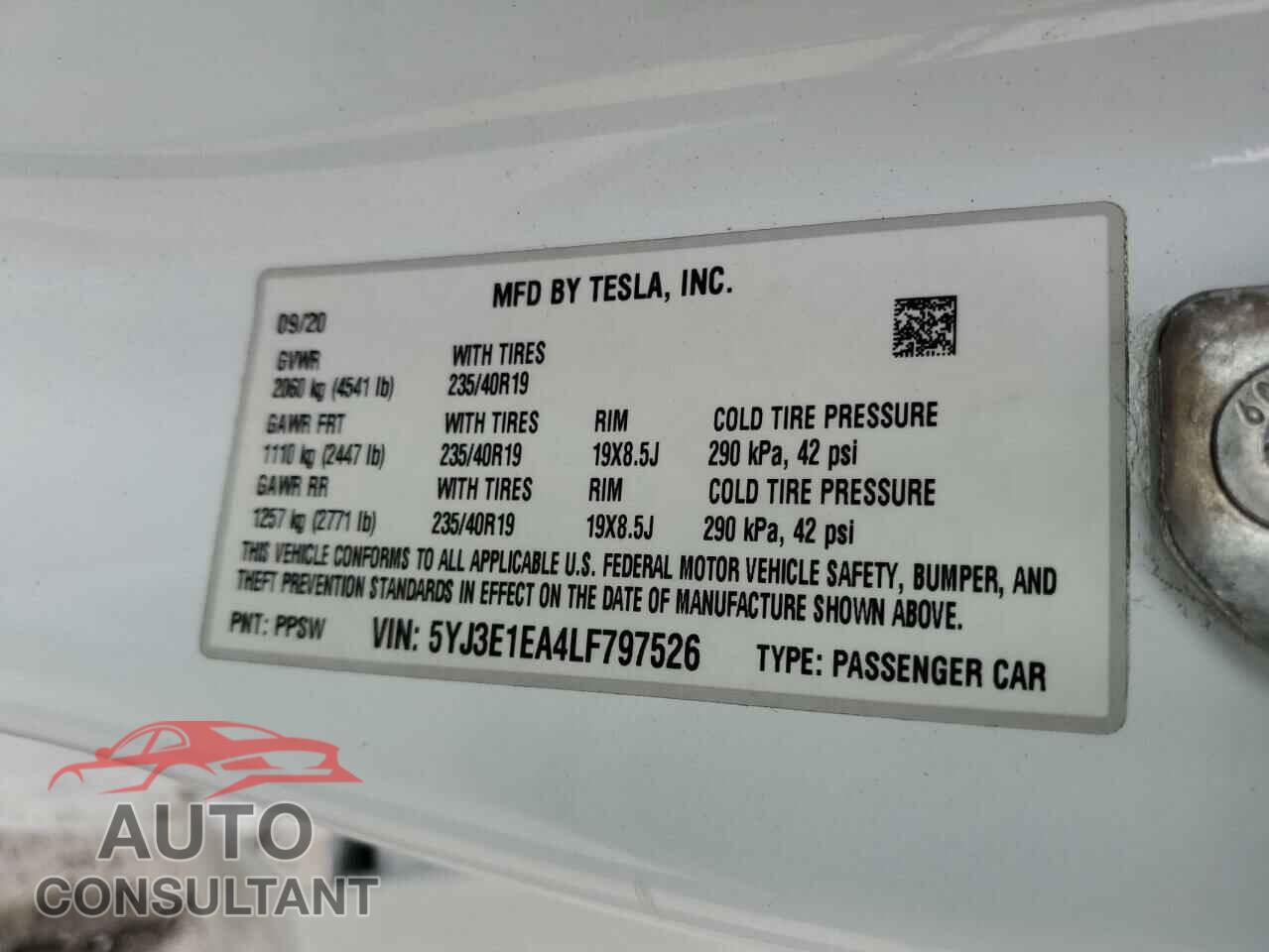 TESLA MODEL 3 2020 - 5YJ3E1EA4LF797526