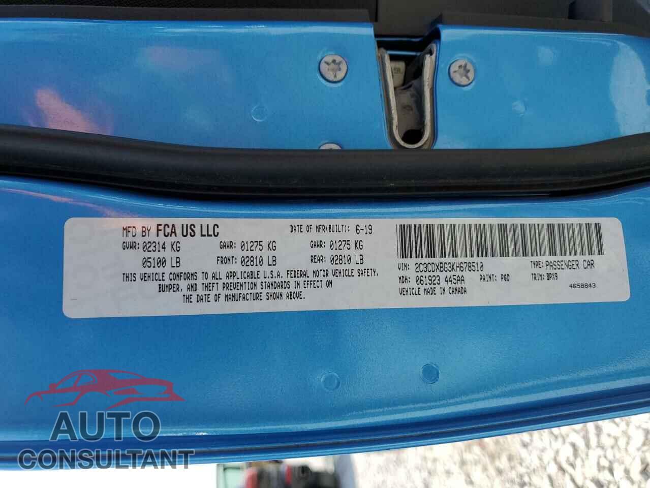 DODGE CHARGER 2019 - 2C3CDXBG3KH678510