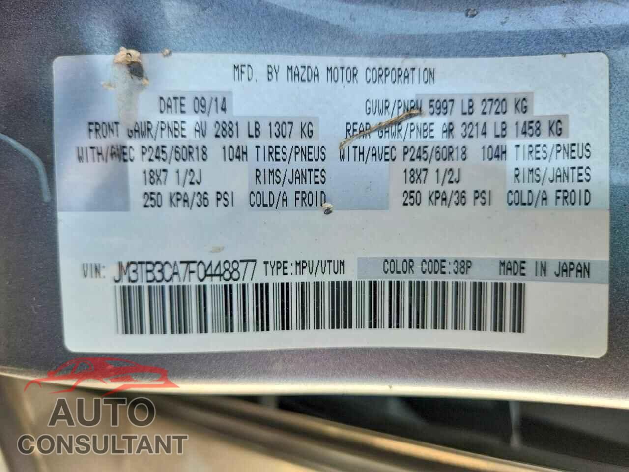 MAZDA CX-9 2015 - JM3TB3CA7F0448877