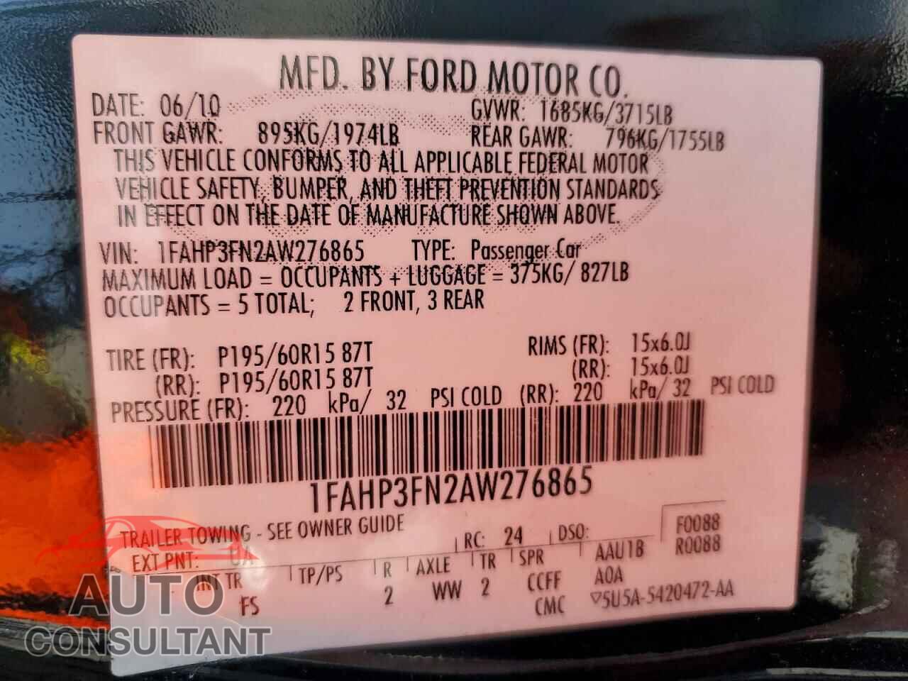 FORD FOCUS 2010 - 1FAHP3FN2AW276865