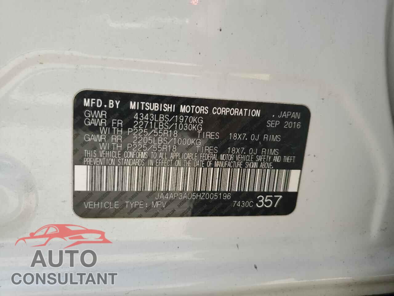 MITSUBISHI OUTLANDER 2017 - JA4AP3AU5HZ005196