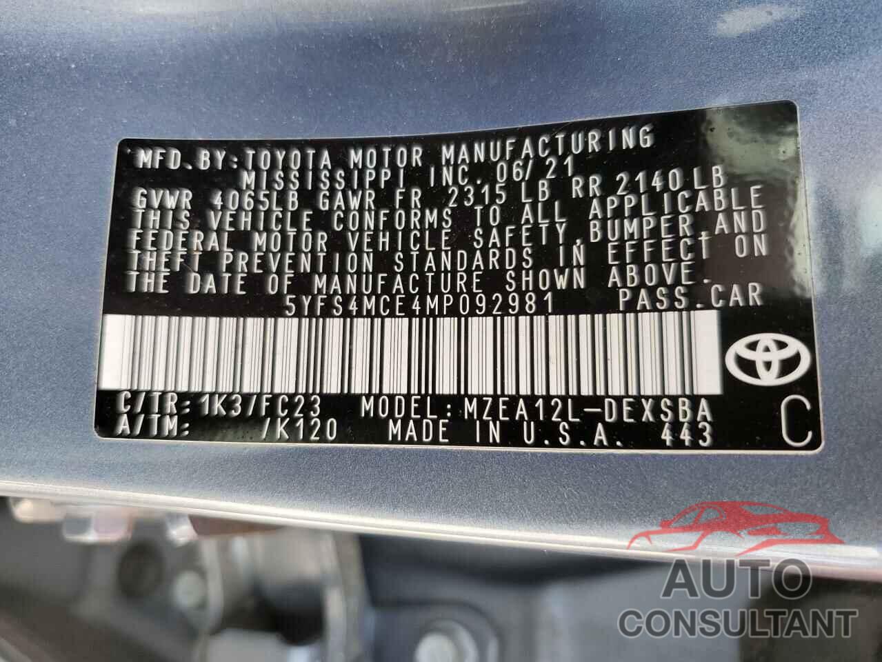 TOYOTA COROLLA 2021 - 5YFS4MCE4MP092981