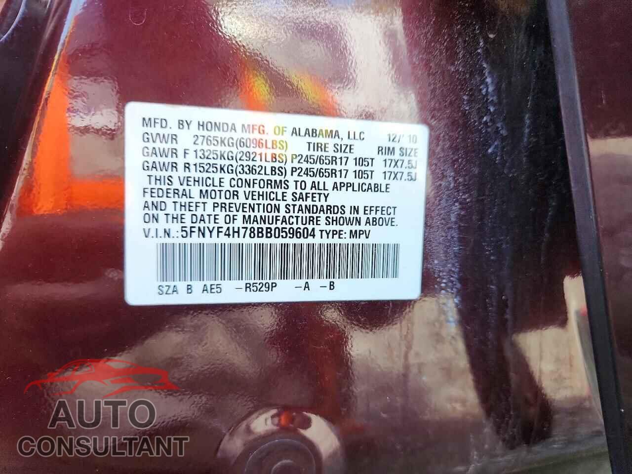 HONDA PILOT 2011 - 5FNYF4H78BB059604