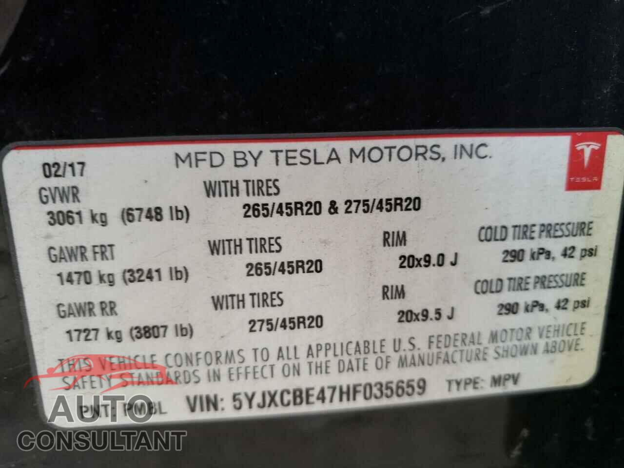 TESLA MODEL X 2017 - 5YJXCBE47HF035659