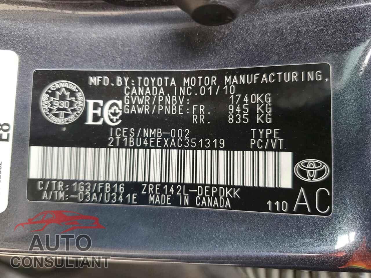 TOYOTA COROLLA 2010 - 2T1BU4EEXAC351319