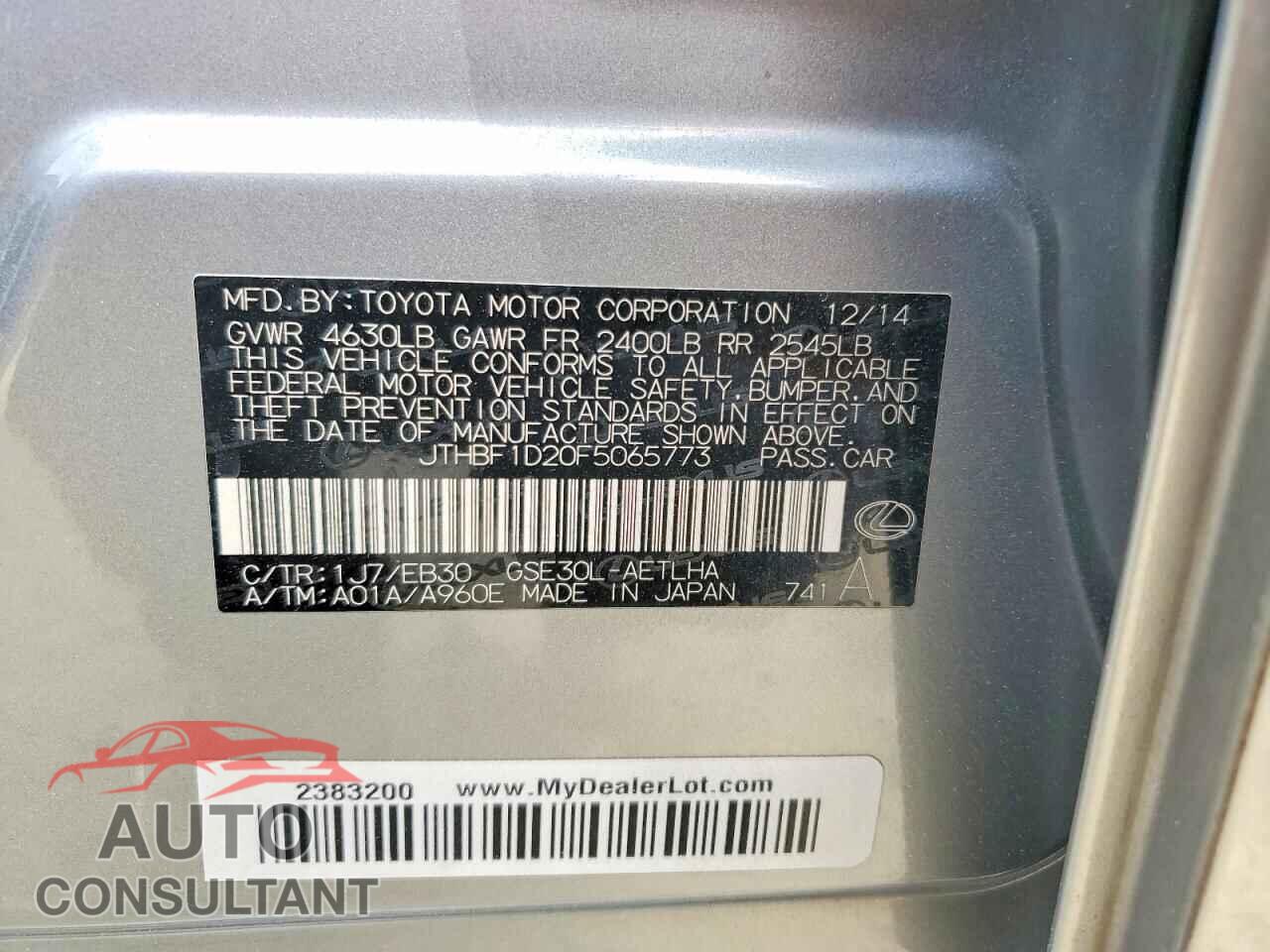 LEXUS IS 2015 - JTHBF1D20F5065773