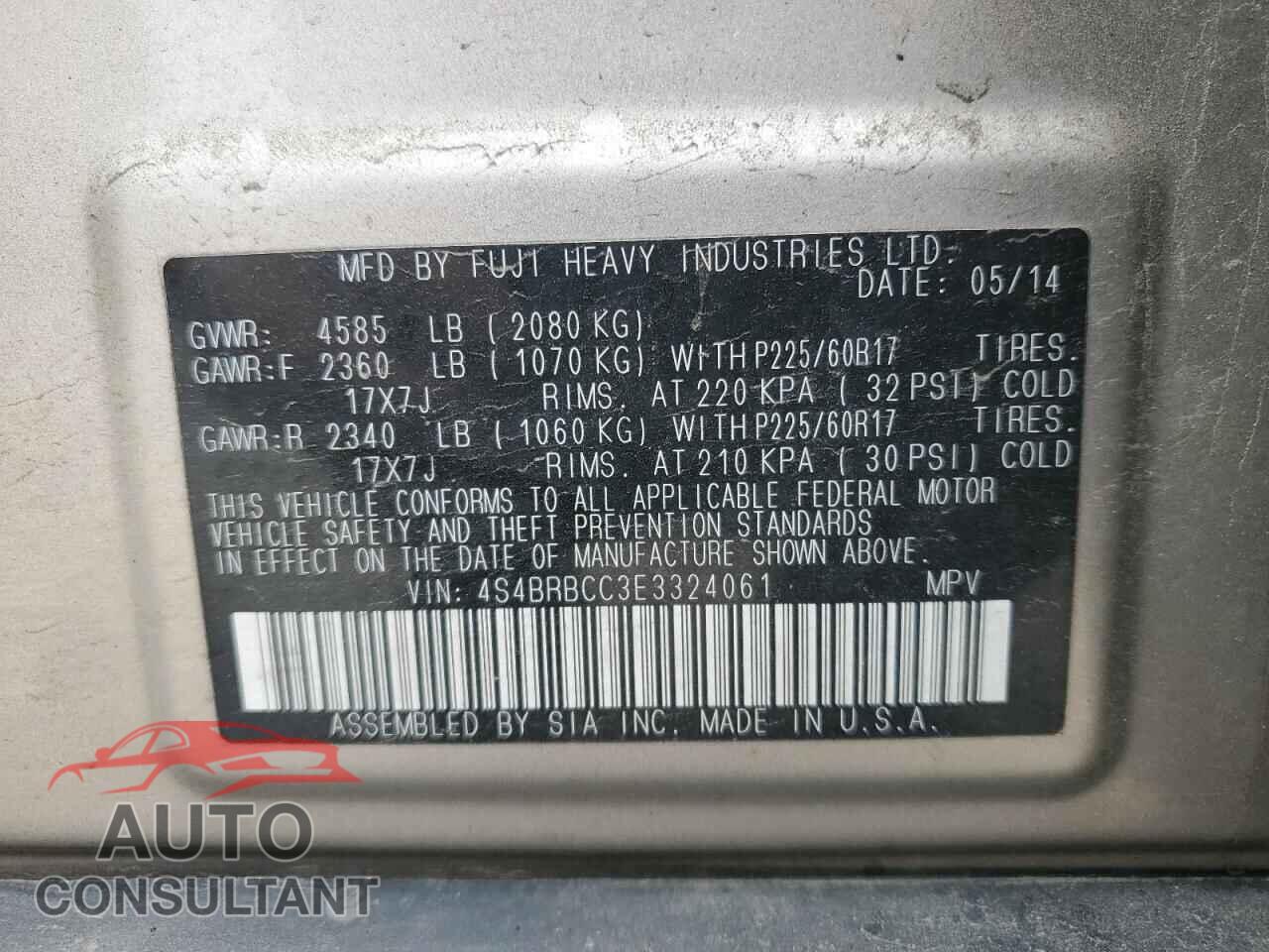 SUBARU OUTBACK 2014 - 4S4BRBCC3E3324061
