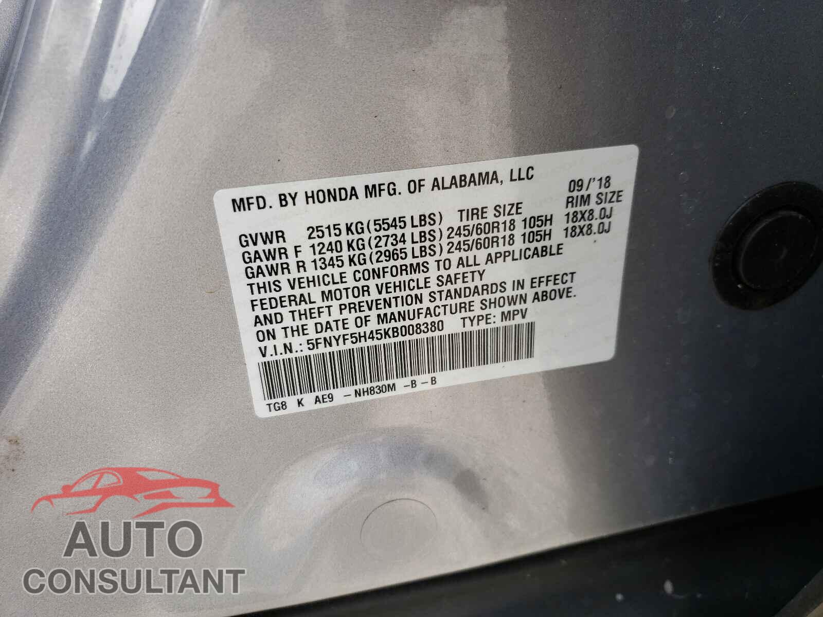 HONDA PILOT 2019 - 5FNYF5H45KB008380