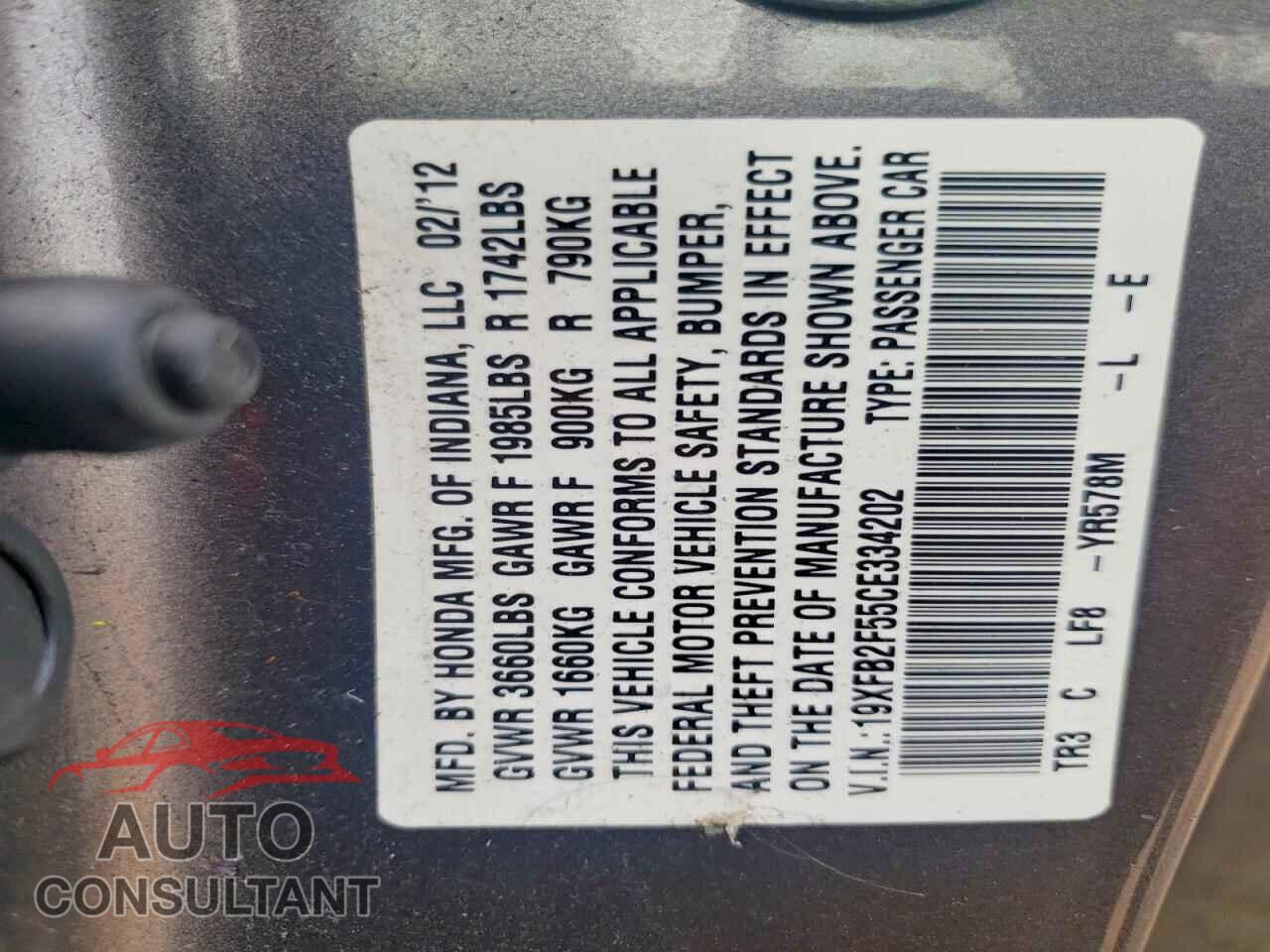 HONDA CIVIC 2012 - 19XFB2F55CE334202