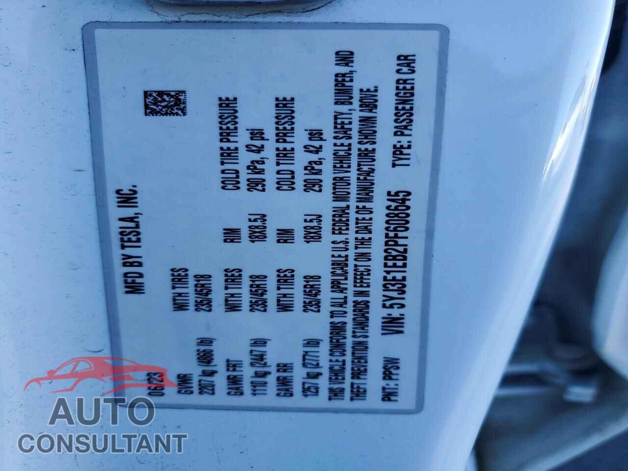 TESLA MODEL 3 2023 - 5YJ3E1EB2PF608645