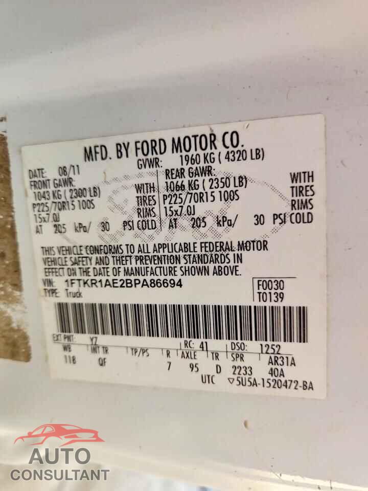 FORD RANGER 2011 - 1FTKR1AE2BPA86694