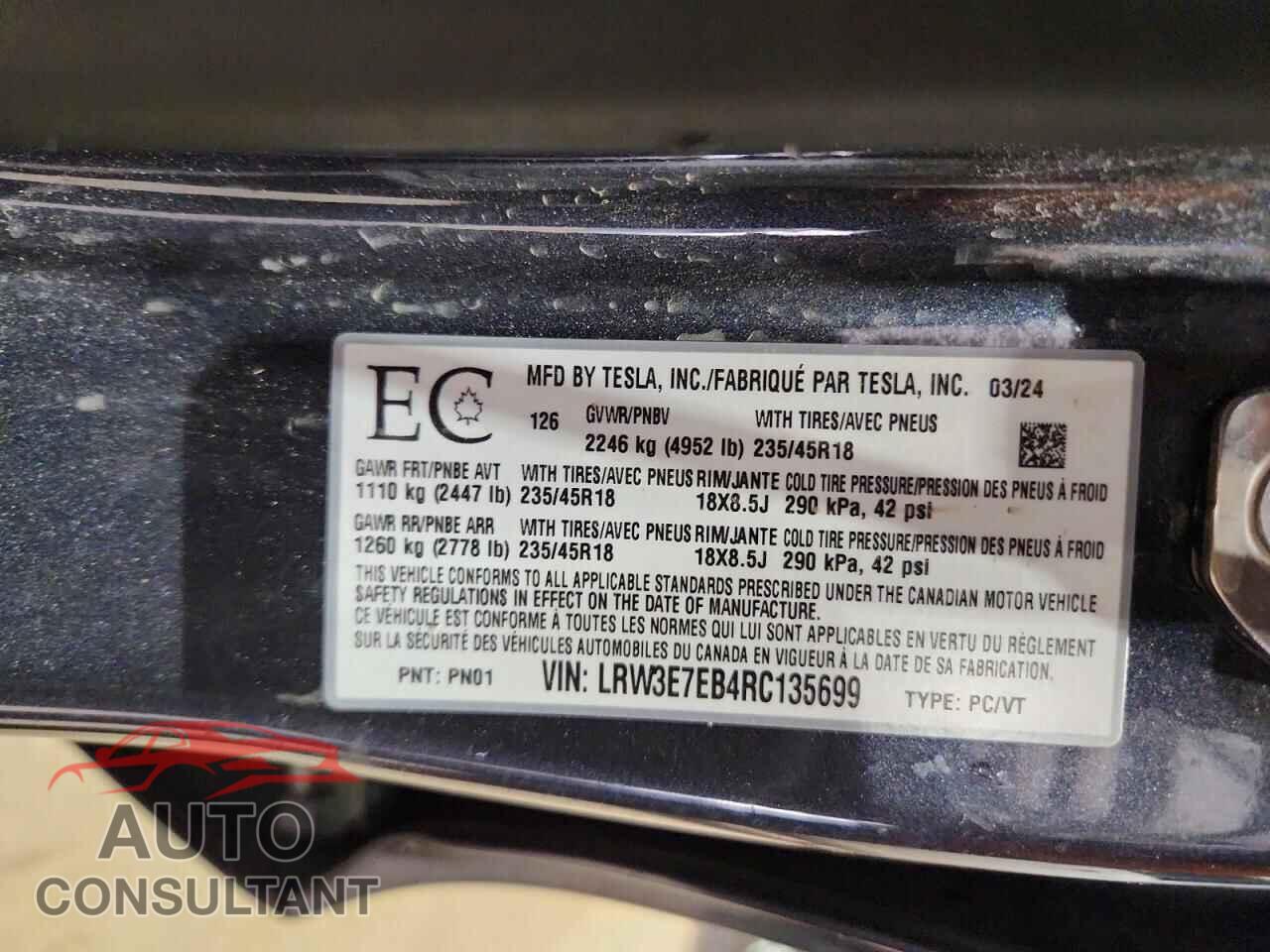 TESLA MODEL 3 2024 - LRW3E7EB4RC135699