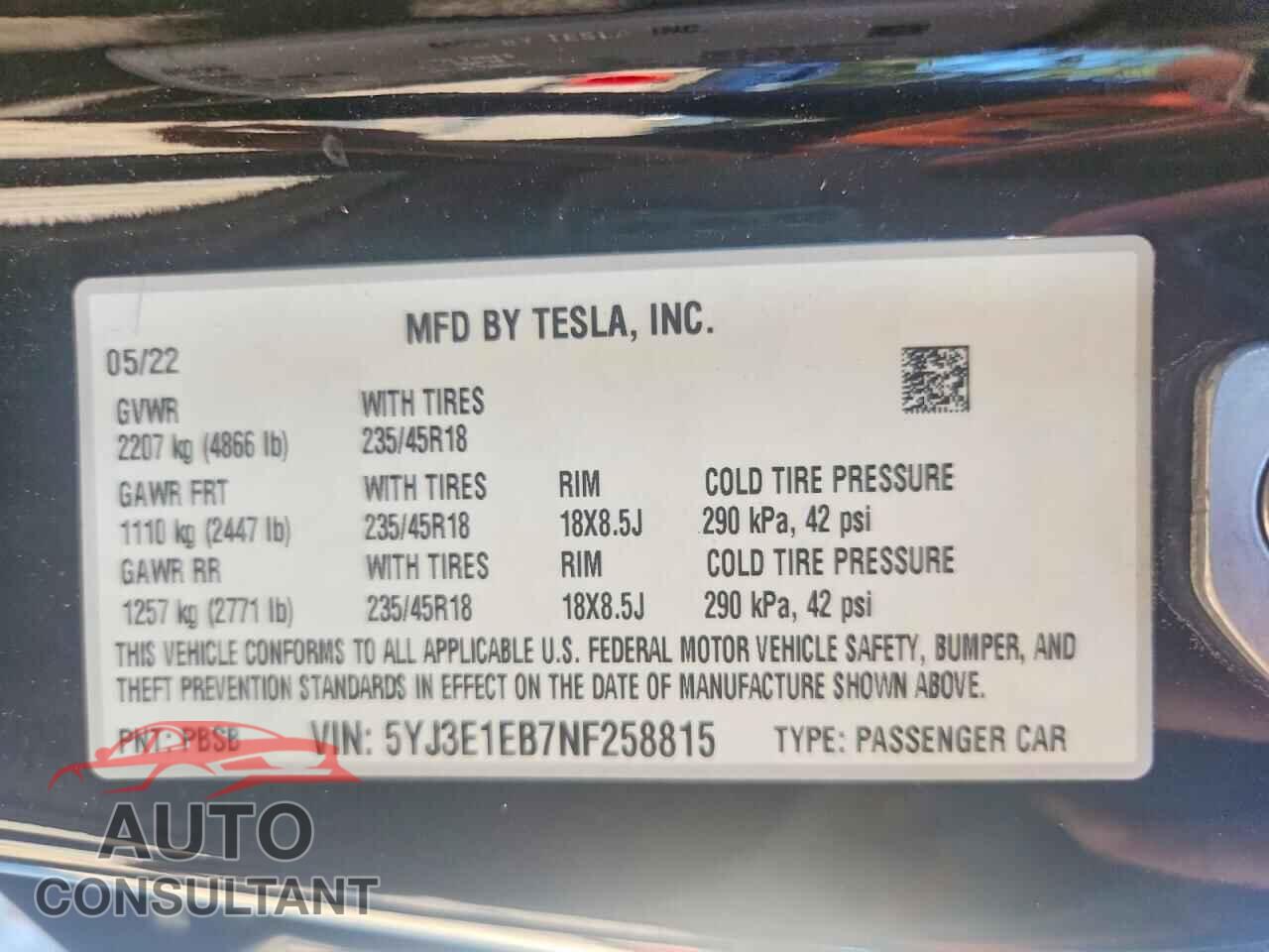TESLA MODEL 3 2022 - 5YJ3E1EB7NF258815