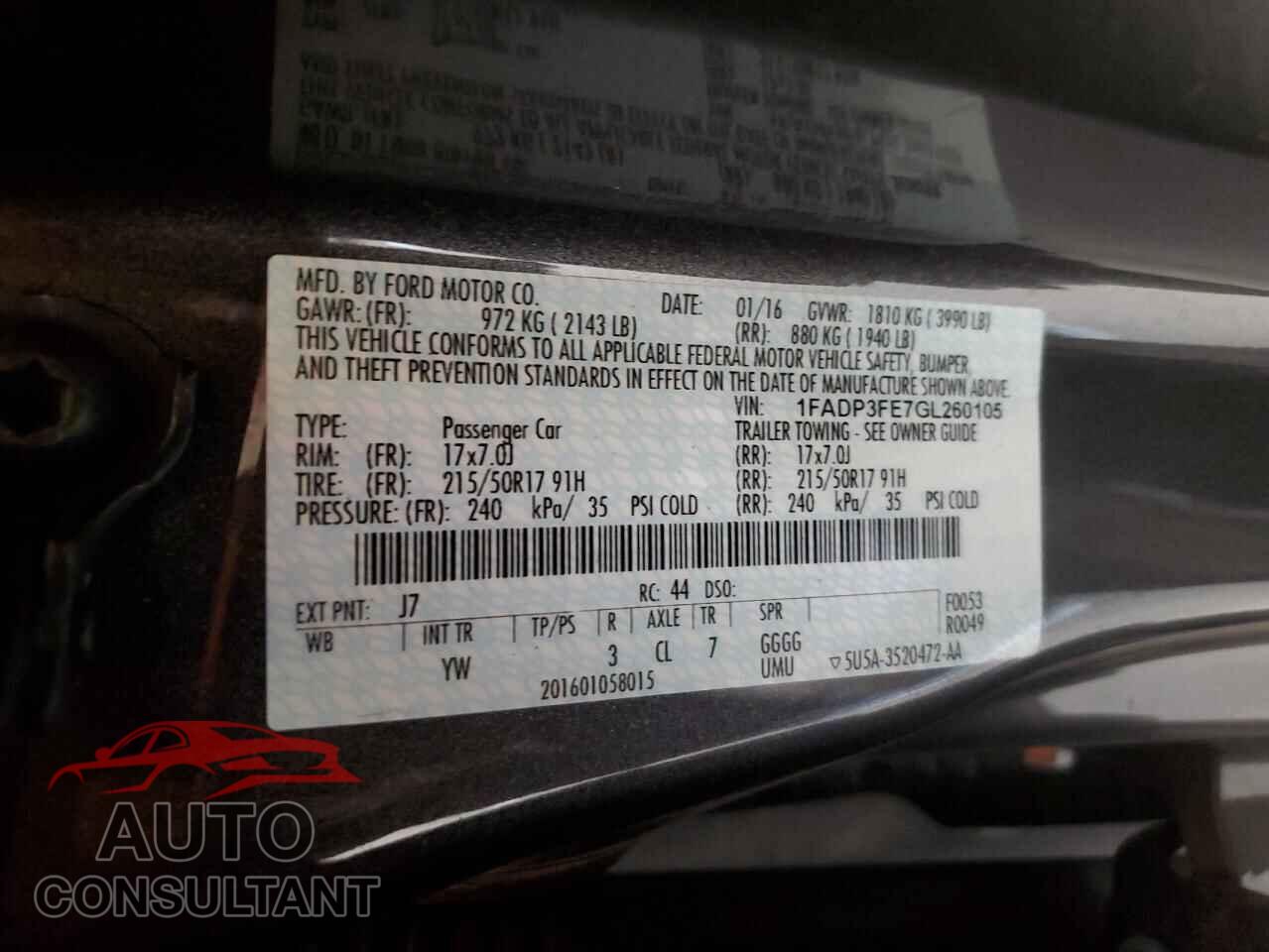 FORD FOCUS 2016 - 1FADP3FE7GL260105