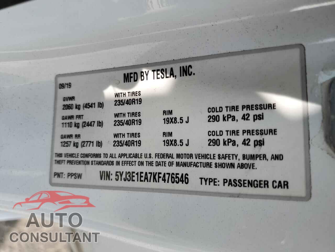 TESLA MODEL 3 2019 - 5YJ3E1EA7KF476546