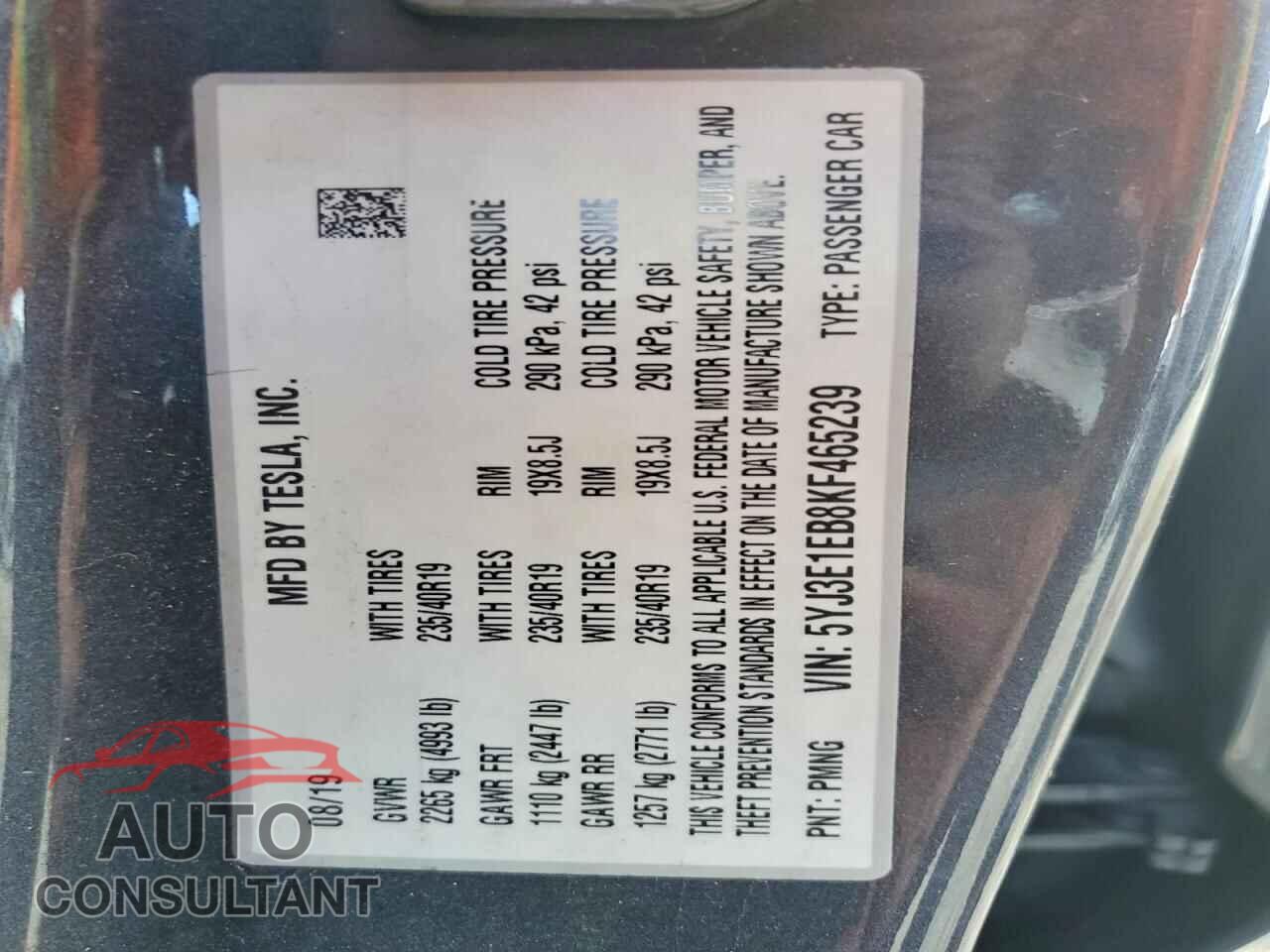 TESLA MODEL 3 2019 - 5YJ3E1EB8KF465239