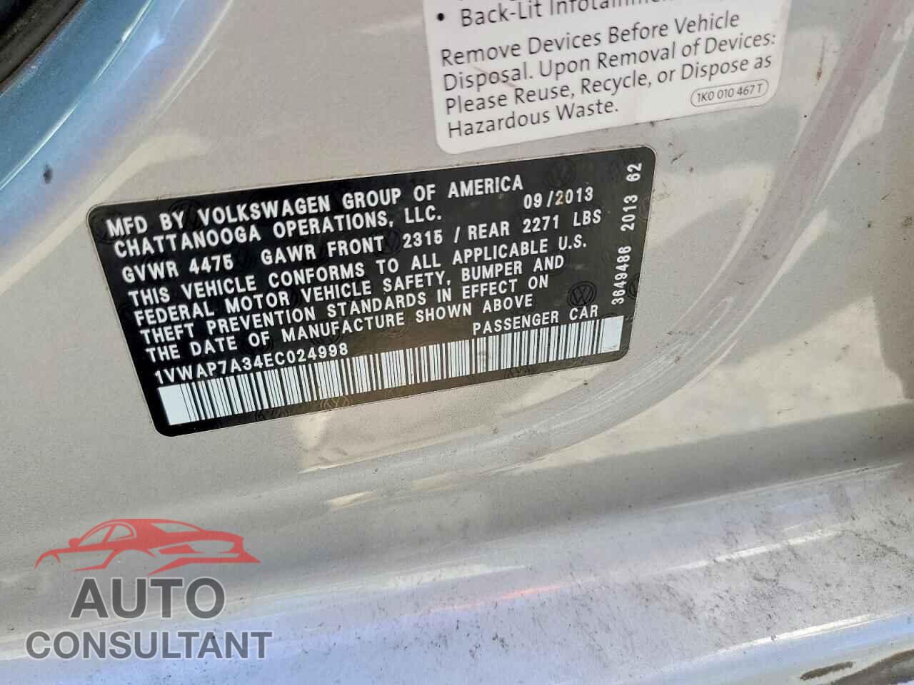 VOLKSWAGEN PASSAT 2014 - 1VWAP7A34EC024998