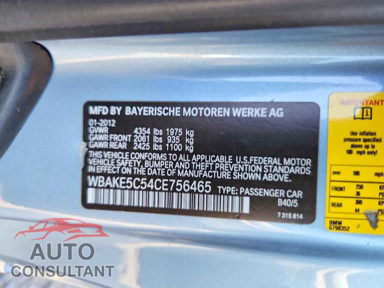 BMW 3 SERIES 2012 - WBAKE5C54CE756465