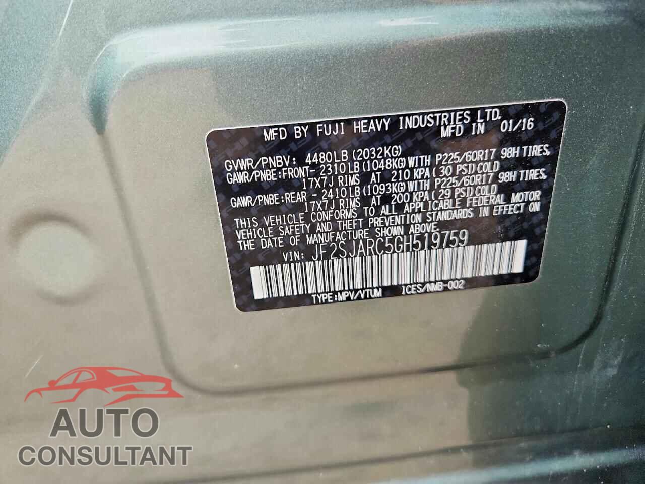 SUBARU FORESTER 2016 - JF2SJARC5GH519759