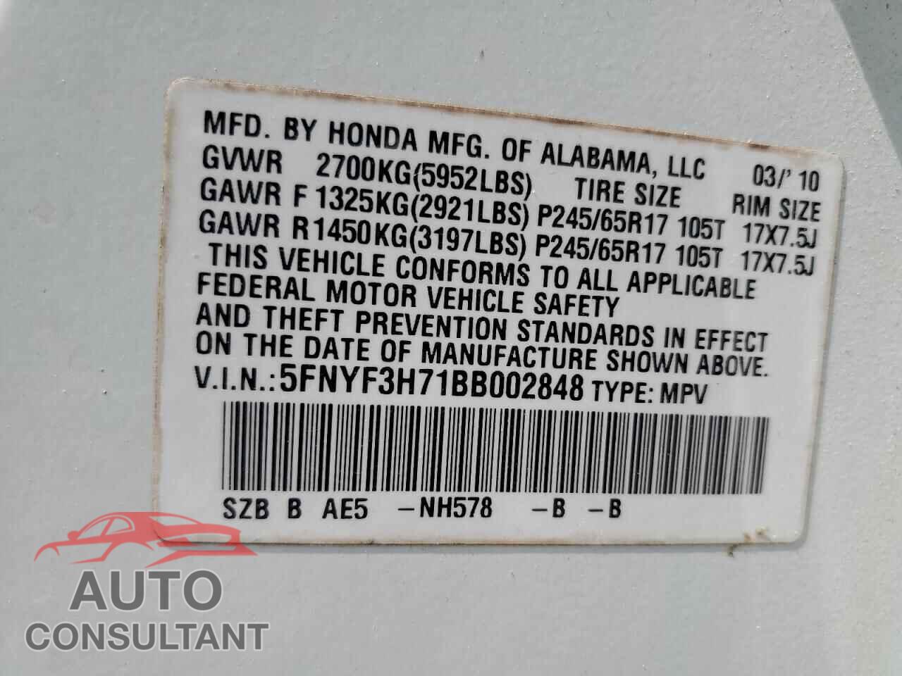 HONDA PILOT 2011 - 5FNYF3H71BB002848