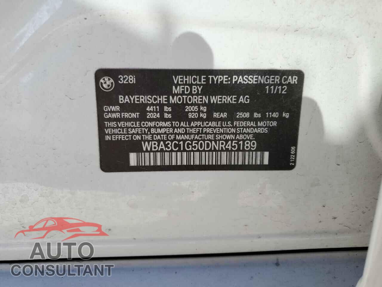 BMW 3 SERIES 2013 - WBA3C1G50DNR45189