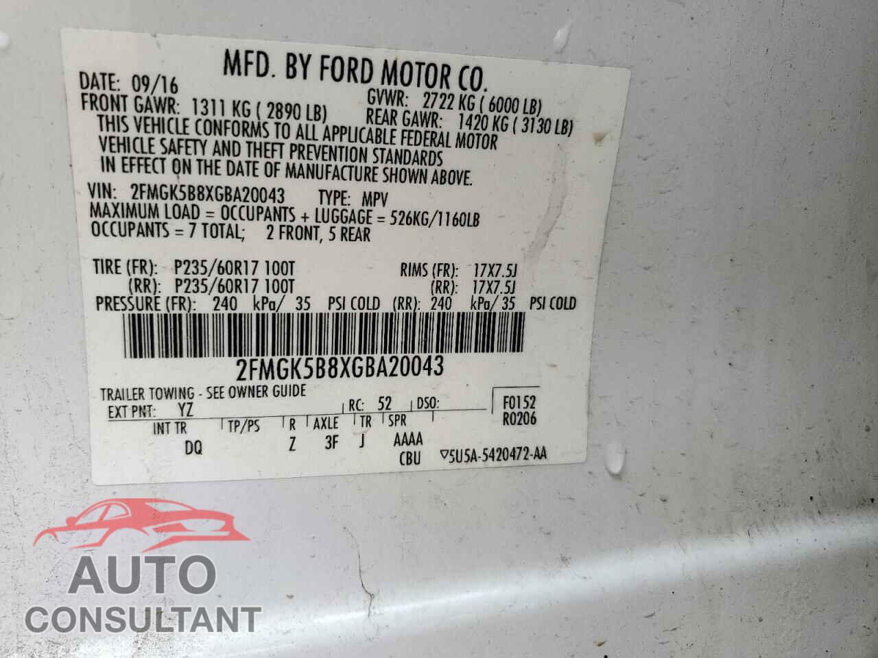 FORD FLEX 2016 - 2FMGK5B8XGBA20043