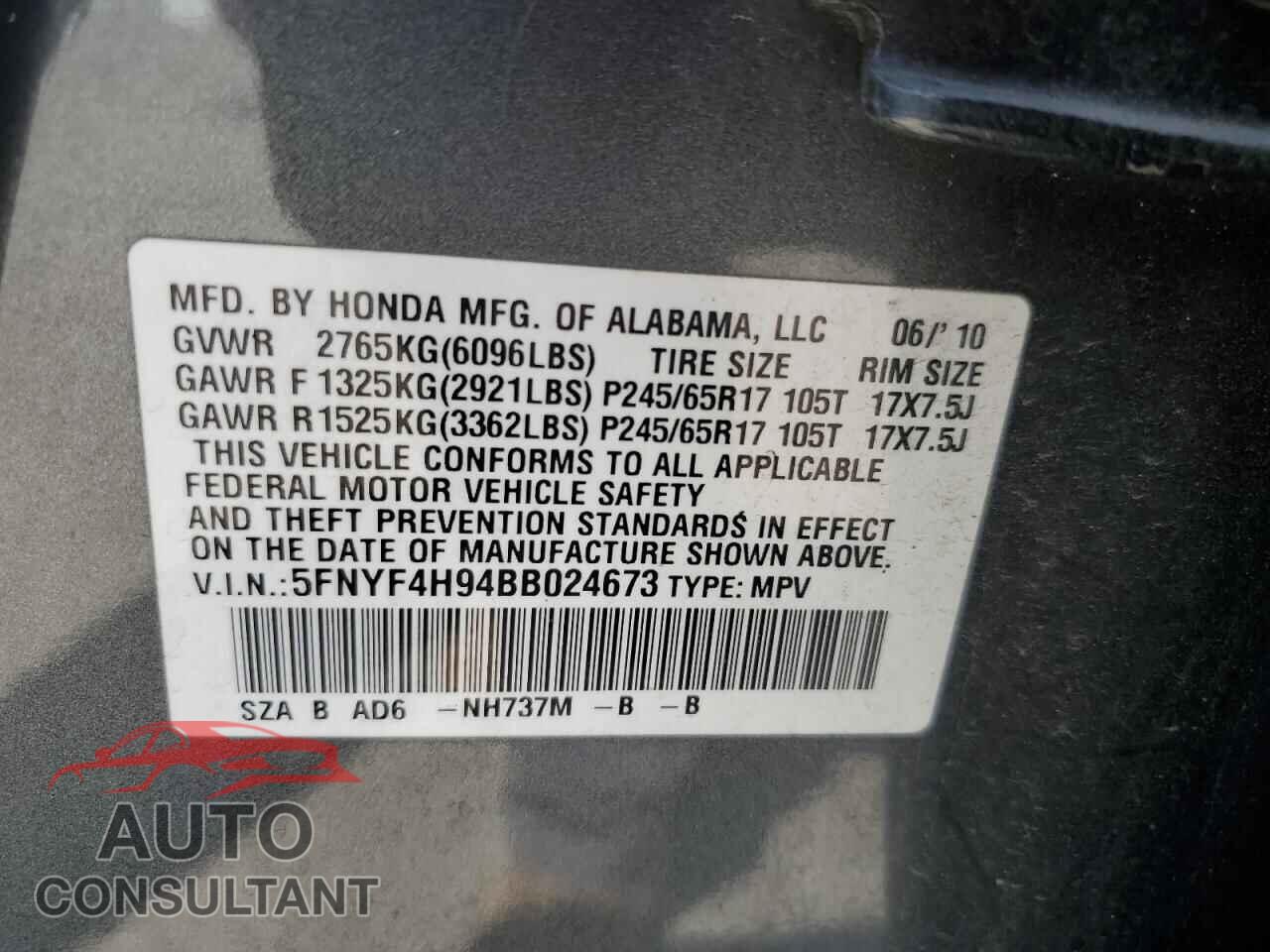 HONDA PILOT 2011 - 5FNYF4H94BB024673