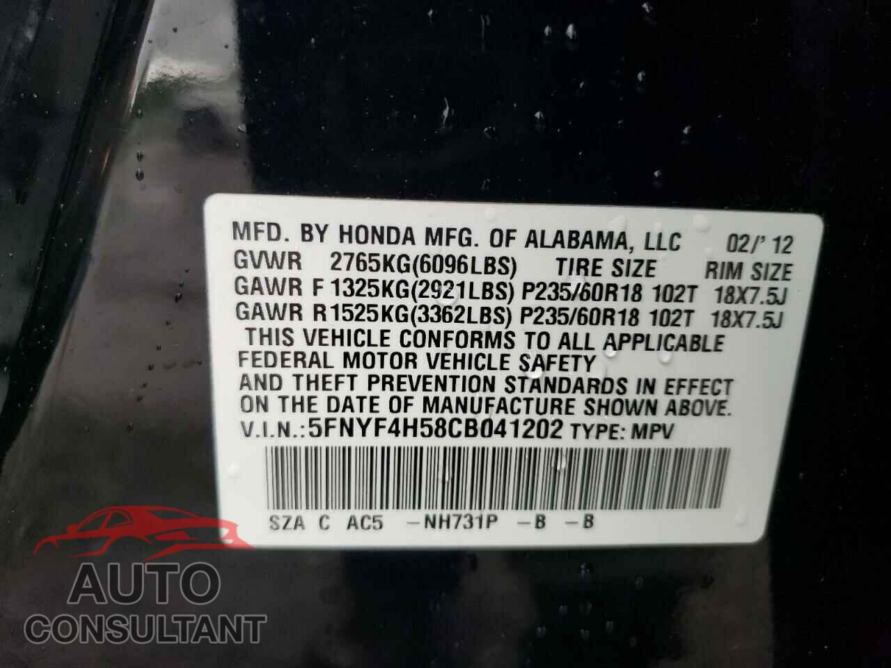 HONDA PILOT 2012 - 5FNYF4H58CB041202