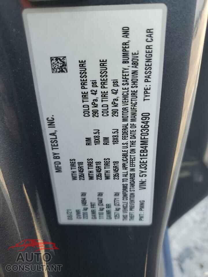 TESLA MODEL 3 2021 - 5YJ3E1EB4MF036490