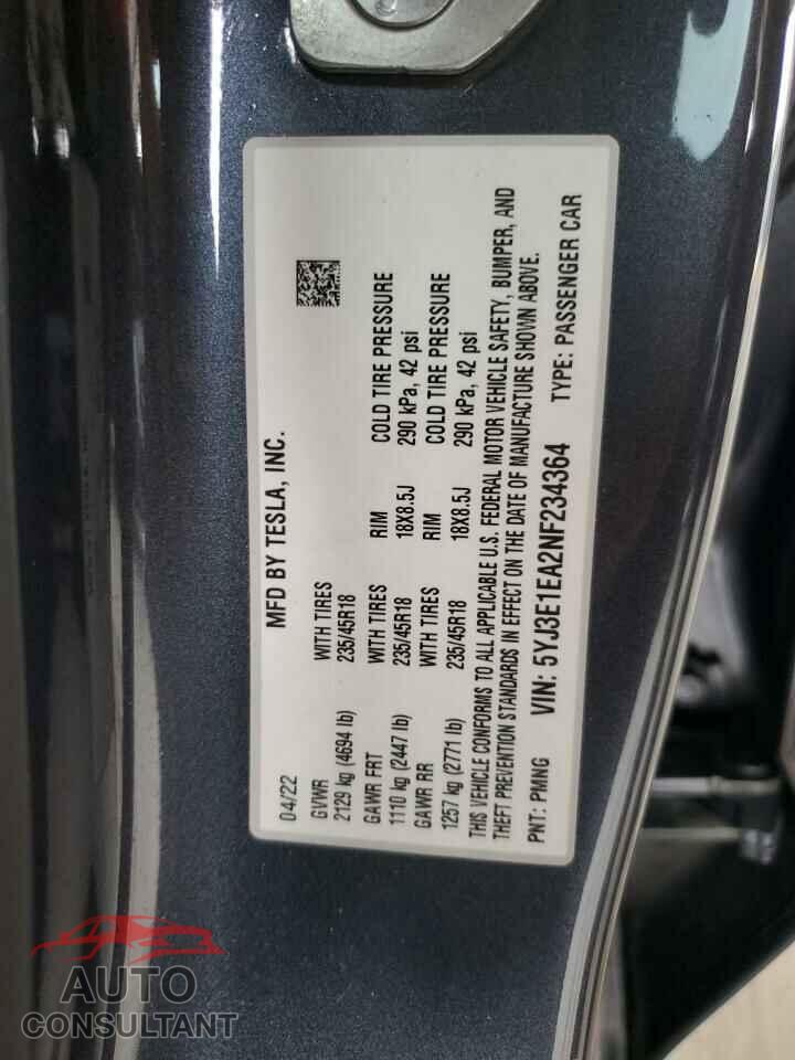 TESLA MODEL 3 2022 - 5YJ3E1EA2NF234364