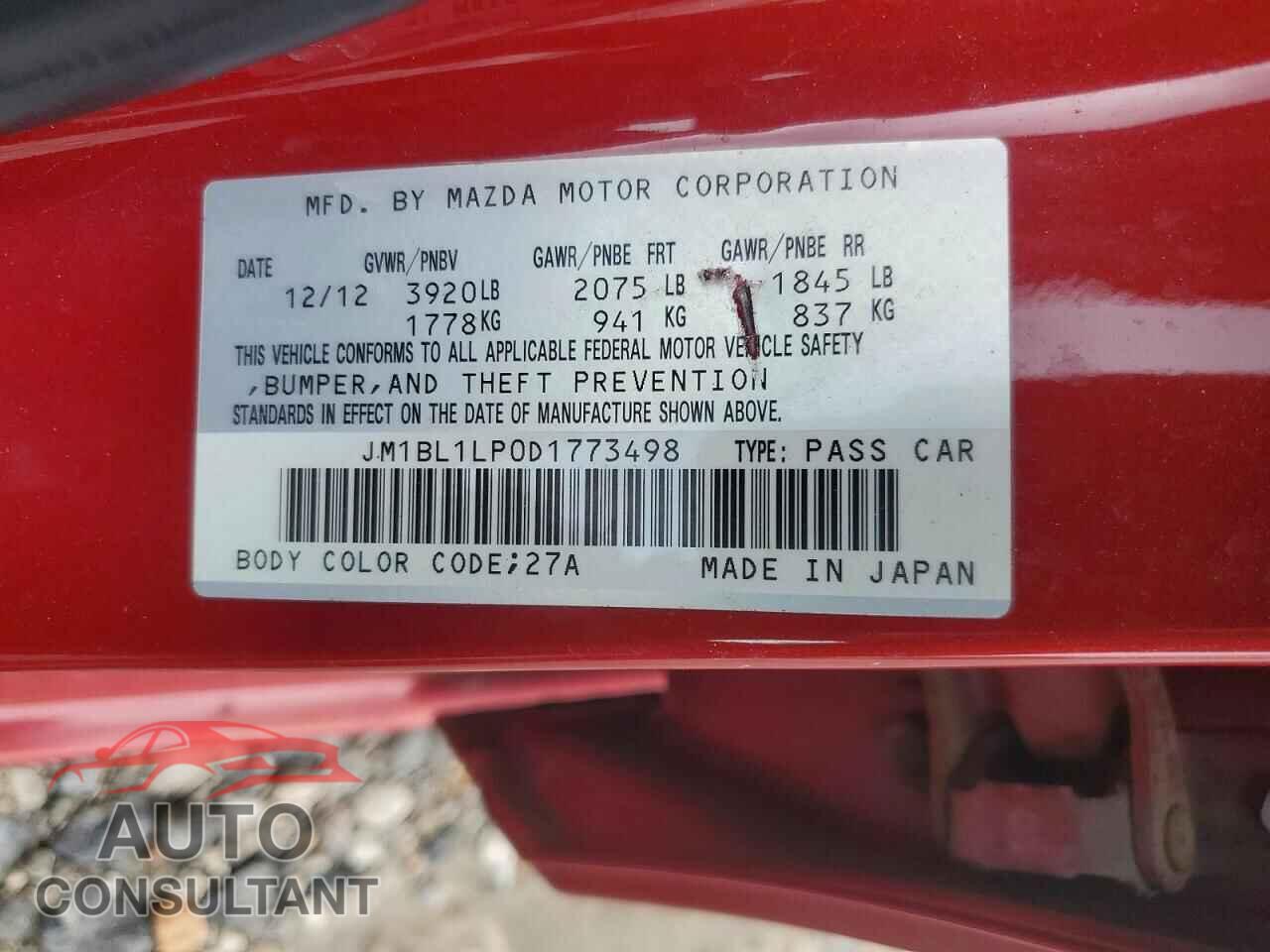 MAZDA 3 2013 - JM1BL1LP0D1773498