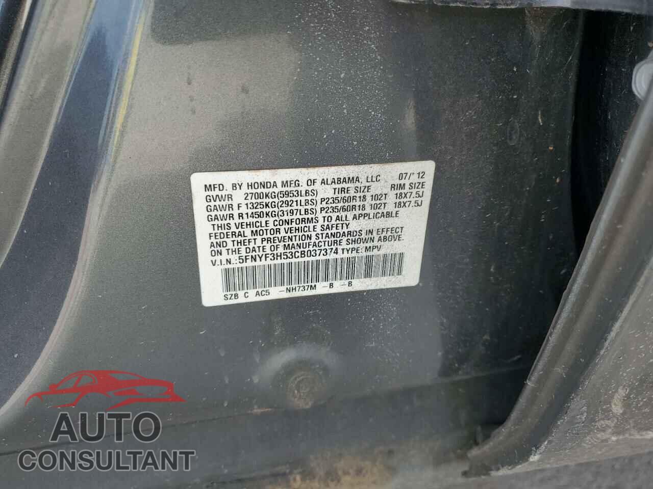 HONDA PILOT 2012 - 5FNYF3H53CB037374