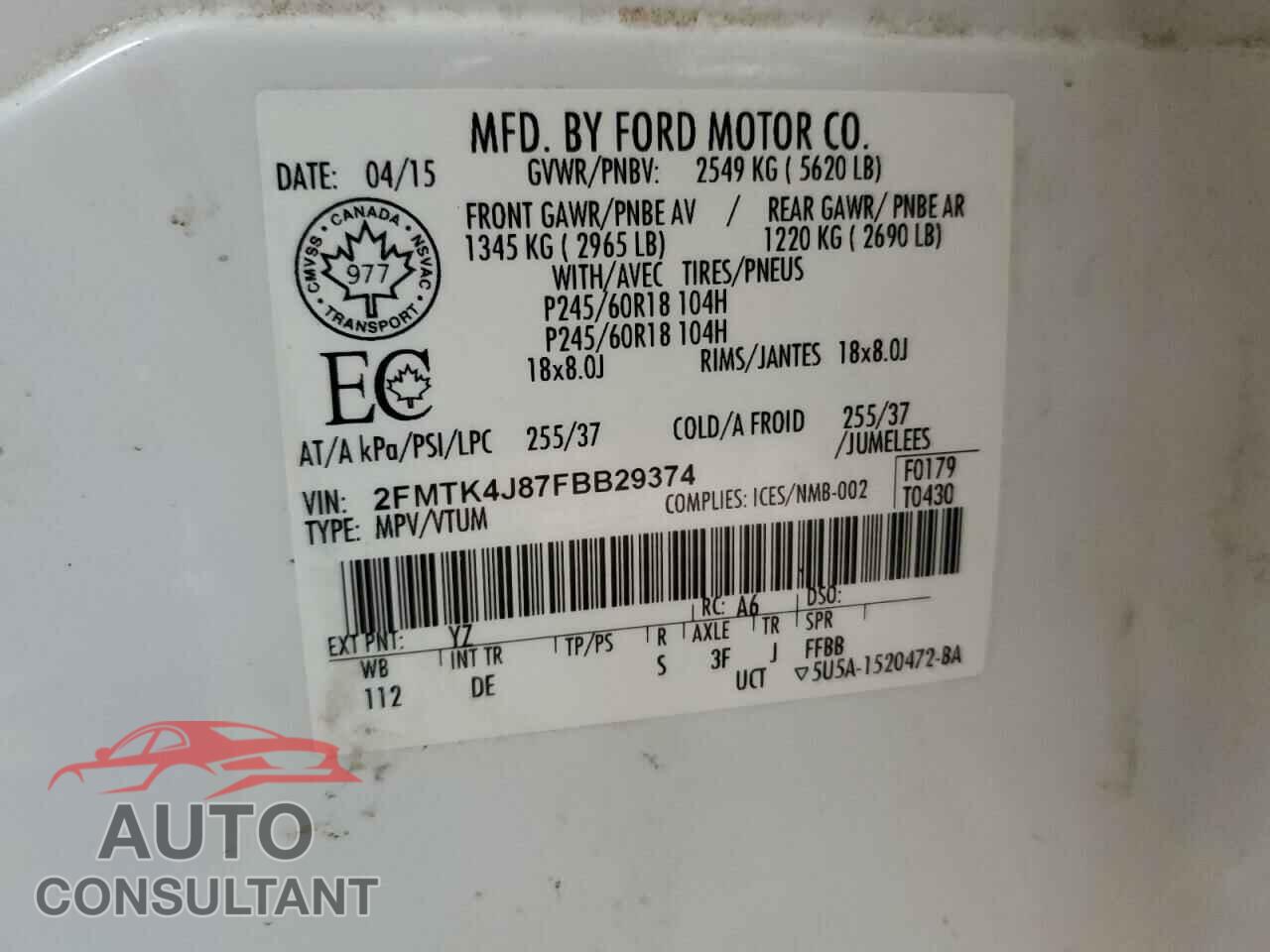 FORD EDGE 2015 - 2FMTK4J87FBB29374