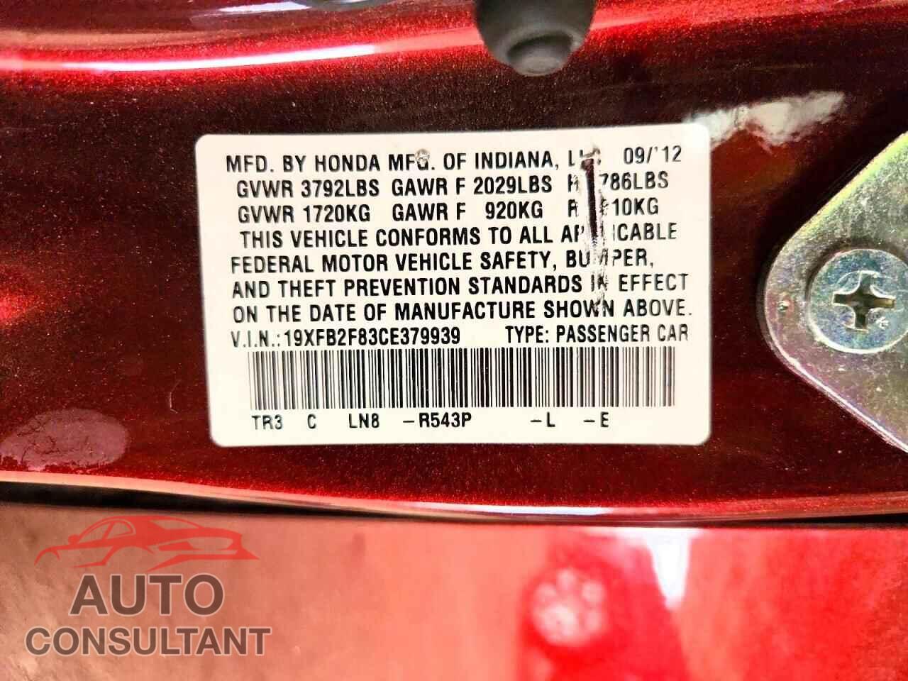 HONDA CIVIC 2012 - 19XFB2F83CE379939